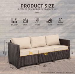 Patio Couch PE Rattan 3-Seat Outdoor Sofa Brown