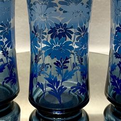 1970’s Retro Blue Daisy Libbey Set Of Six Tumblers 
