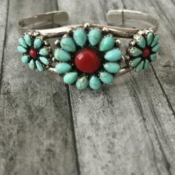 Beautiful Turquoise & Coral Flower Cuff 925 Bracelet