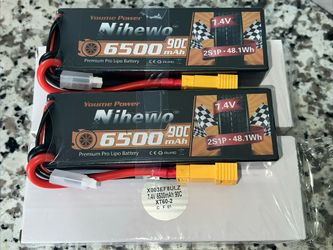 2pcs Youme 7.4V 6500mAh 2S 90C LiPo Battery for RC Car Truck Buggy Racing