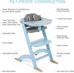 Cowiewie New Upgrade 3-in-1 Convertible Wooden High Chair for Babies & Toddlers 10 Levels Adjustable 3-Tier Remove 2 Waterproof Cozy Cushions Blue