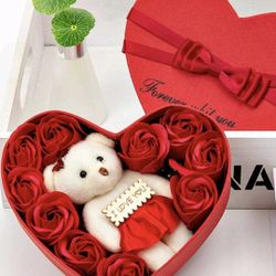 Box Roses W Teddy Bear