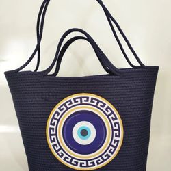 Handmade Evil Eye Beaded Navy Blue Women's Handbag, Beach Bag, Handmade Women