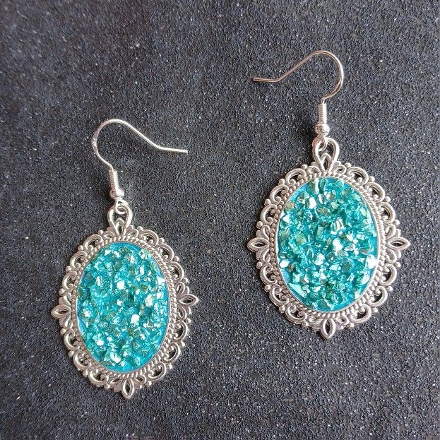 Teal faux druzy oval shaped filigree dangle earrings with sterling silver hooks new handmade