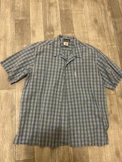 Columbia XCO Men's L Large Short Sleeve Button Up Tartan Plaid Blue Tan Shirt