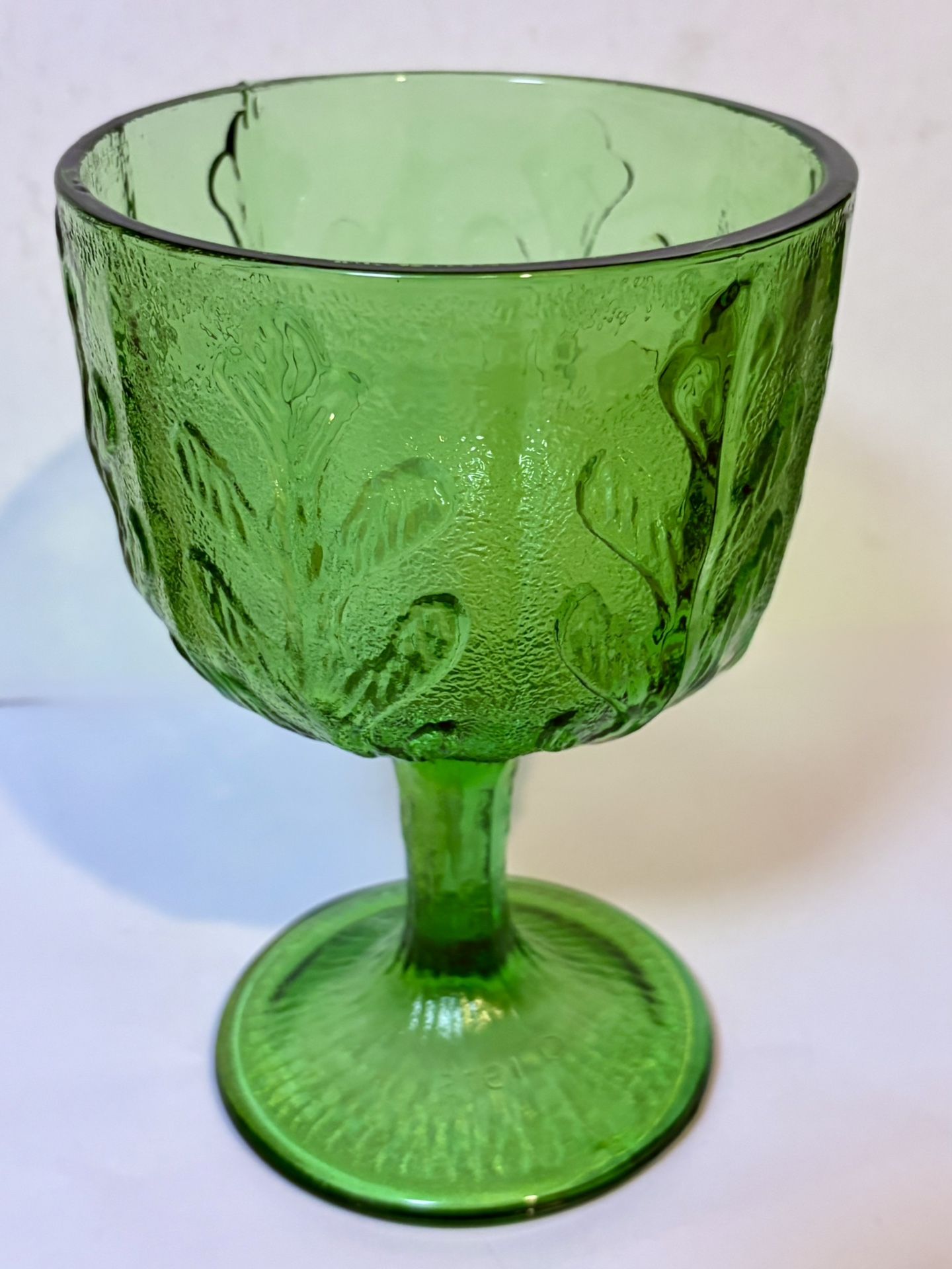 1975 Federal Glass for FTD Green Glass Goblet, Embossed Oak Leaves