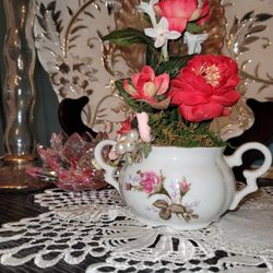 Hand Made Porcelain Sugar Bowl Silk Floral Arrangement 