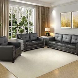 Black Leather Classic Style Three Piece Couch Set