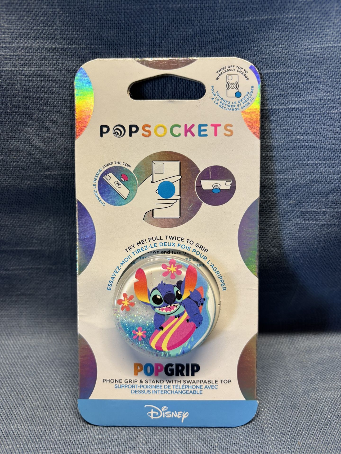Disney “Stitch Tidepool Surfing” Glitter Pop Socket - Brand New! 