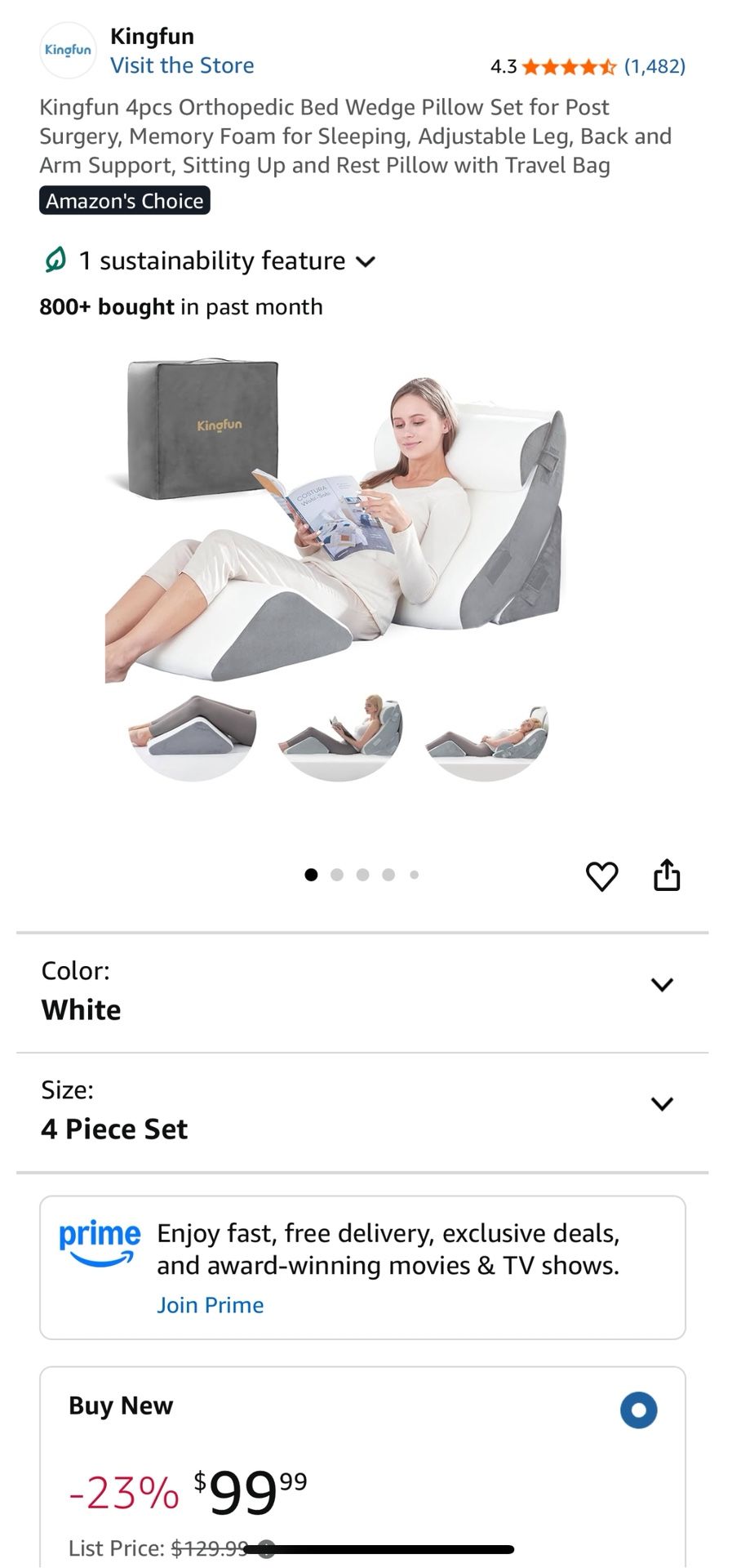 Kingfun 4pcs Orthopedic Bed Wedge Pillow Set for Post Surgery, Memory Foam for Sleeping, Adjustable Leg, Back and Arm Support, Sitting Up and Rest Pil