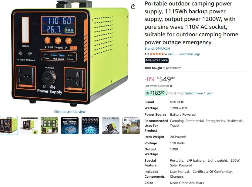 Portable outdoor camping power supply, 1115Wh backup power supply, output power 1200W, with pure sine wave 110V AC socket