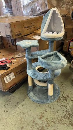 45.5in Ocean-Themed Cat Tree Multi-Level Cat Tower, Plush Cat Furniture with Shark's Mouth-Shaped Nest, Sea Star-Shaped Perch, Jellyfish-Style Hammock