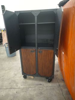 Industrial Metal Cabinet with Wood Panel Doors