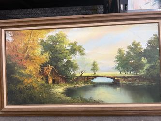 Large Hand-Painted Landscape Oil Painting.Framed (48” x 24”)