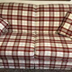 Broyhill Red Plaid Couch With Matching Throw Pillows