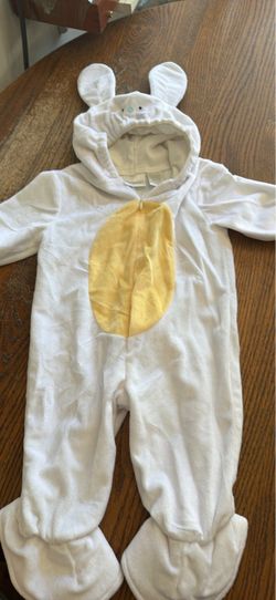 Cozy White Plush Bunny Costume Cheerful Yellow Belly Accent & Attached Hood Floppy Ears 3-6 Month