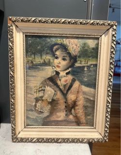 Vintage Framed Print by Artist Cherry Jeffe Huldah. 1950’s Woman in Central Park