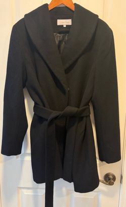Calvin Klein Black Wool Blend Shawl Collar Belted Wrap Coat women’s size Large