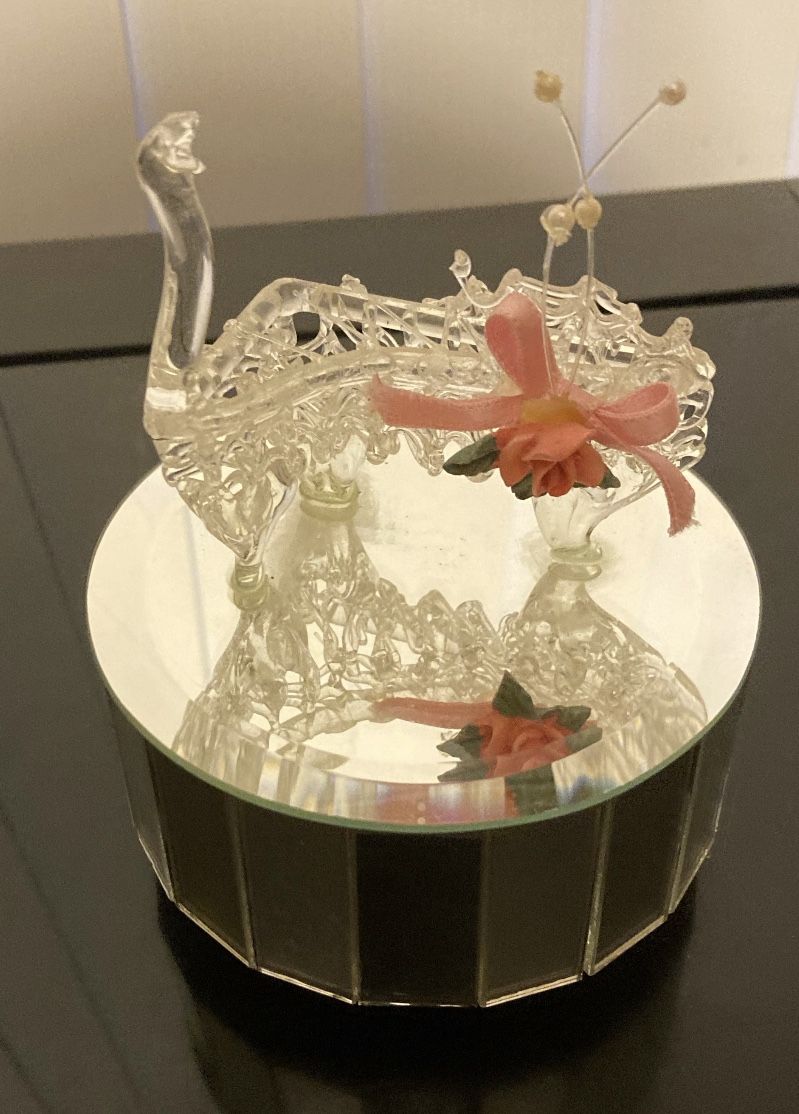 Rotating Mirror and Blown Glass Piano with Pink Bow Musical Figurine