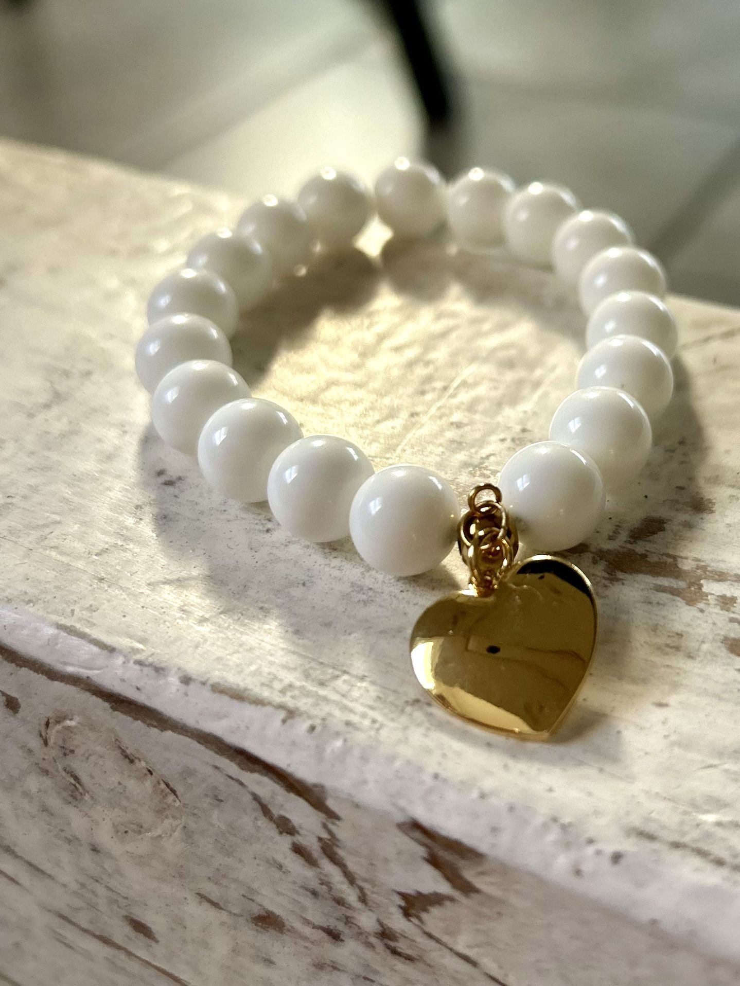 Handmade White Agate Stretch Bracelet with Heart Charm