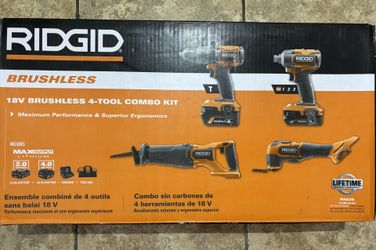 Ridgid 18V Brushless Cordless 4-Tool Combo Kit with (1) 4.0 Ah and (1) 2.0 Ah MAX Output Batteries, 18V Charger, and Tool Bag