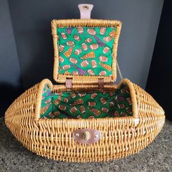 WICKER FOOTBALL PICNIC BASKET LINED WITH FOOTBALL PRINTED FABRIC