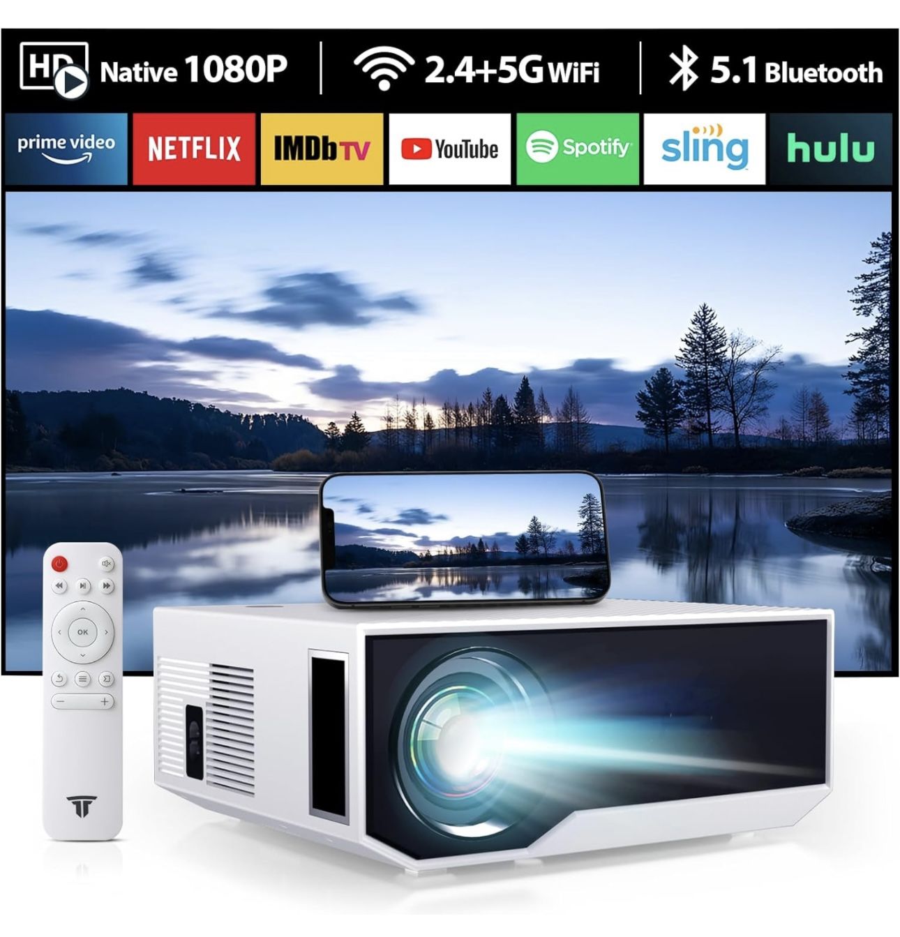 2024 Newest Projector with Wifi Bluetooth, 15000lux 500ANSI Native