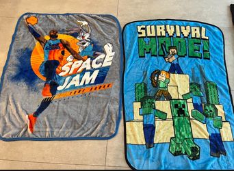 Kids blankets. Basketball Space Jam Minecraft Basketball themed one is 5 x 7 feet for $10 Two smaller Minecraft and space jam ones are around 4 × 3 fe