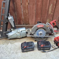 Hitachi 3/1/4 Framing  Gun And A Milwaukee 7/1/4 Cordless Hand Saw With Two Batterys And A Charger. 