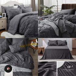 Dark Grey Comforter Set Queen - Bed in a Bag Queen 7 Pieces, Pintuck Bedding Sets Dark Grey Bed Set with Comforter, Sheets, Pillowcases & Shams