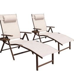 GOLDSUN Aluminum Outdoor Folding Reclining Adjustable Patio Chaise Lounge Chair with Pillow for Poolside Backyard and Beach Set of 2, Set of Two, Beig