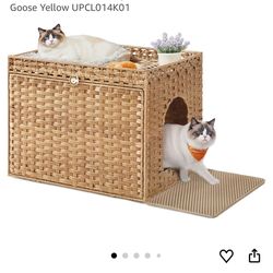 Cat Litter Box Enclosure, Handwoven Rattan Hidden Litter Box Furniture with Extra Litter Mat, Removable Washable Tray, Boho Cat House, End Table, Goos