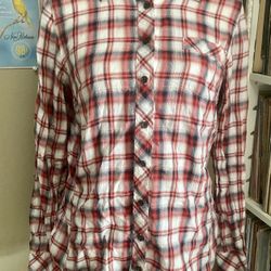 Gap Junior's L Red White Gray Cotton Plaid Long Sleeve Button-Down Shirt Pocket