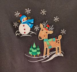 Bon Worth Woman's Black Christmas Embroidered Top with Snowman Reindeer Tree Snowflakes