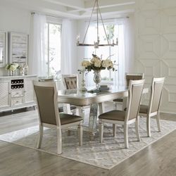8 PIECE GLAM CHAMPAGNE FINISH GLASS TOP DINING TABLE CHAIRS SERVER SIDEBOARD BUFFET CABINET