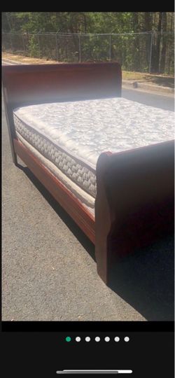 Solid Wood queen size bed: headboard, footboard, rails, mattress and box spring. Delivery available