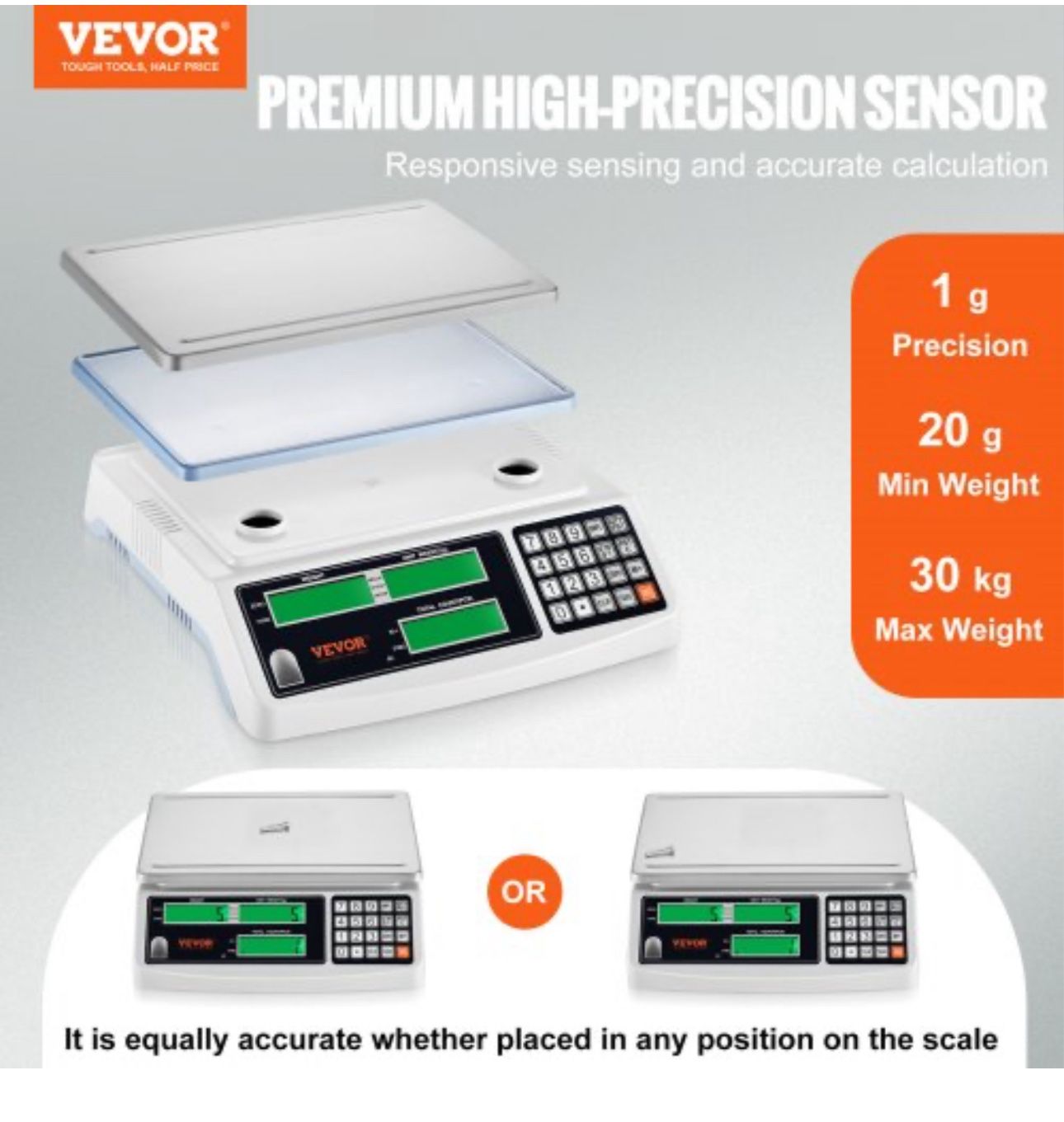 Industrial Counting Scale, 30 kg x 1 g, Digital Scale for Parts and Coins, g/kg/lb Units
