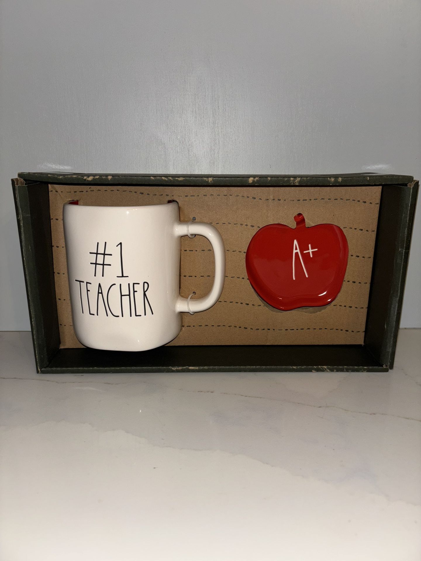 Rae Dunn "#1 Teacher" mug red inside and "A+" apple trinket tray gift set NIB