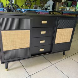 47” W Large Rattan Sideboard Buffet Cabinet with 4 Drawers and 2 sliding Doors, Boho Long Credenza Cabinet for Dining Room, Coffee Bar Table with Stor