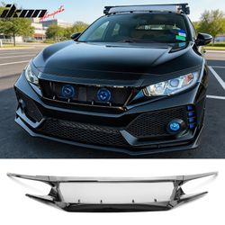 Fits 2016-2018 Honda Civic & 2019-2021 Hatchback/Si 3PCS High Flow Front Bumper Upper Hood Mesh Grille Replacement JDM Style ASB Plastic Gloss Black