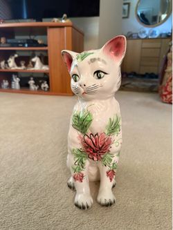 Vintage hand-painted ceramic cat figurine, made in Japan, 13” tall, like new