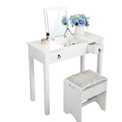 Makeup Vanity Set with Flip Mirror Makeup Vanity Dressing Table Writing Desk with 2 Drawers Cushioned Stool 3 Removable Organizers, White