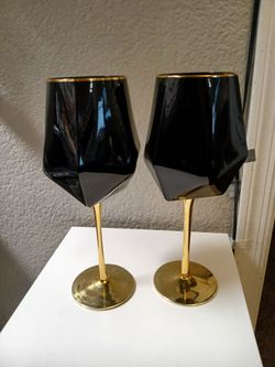 2 Black gold rim long stem goblets