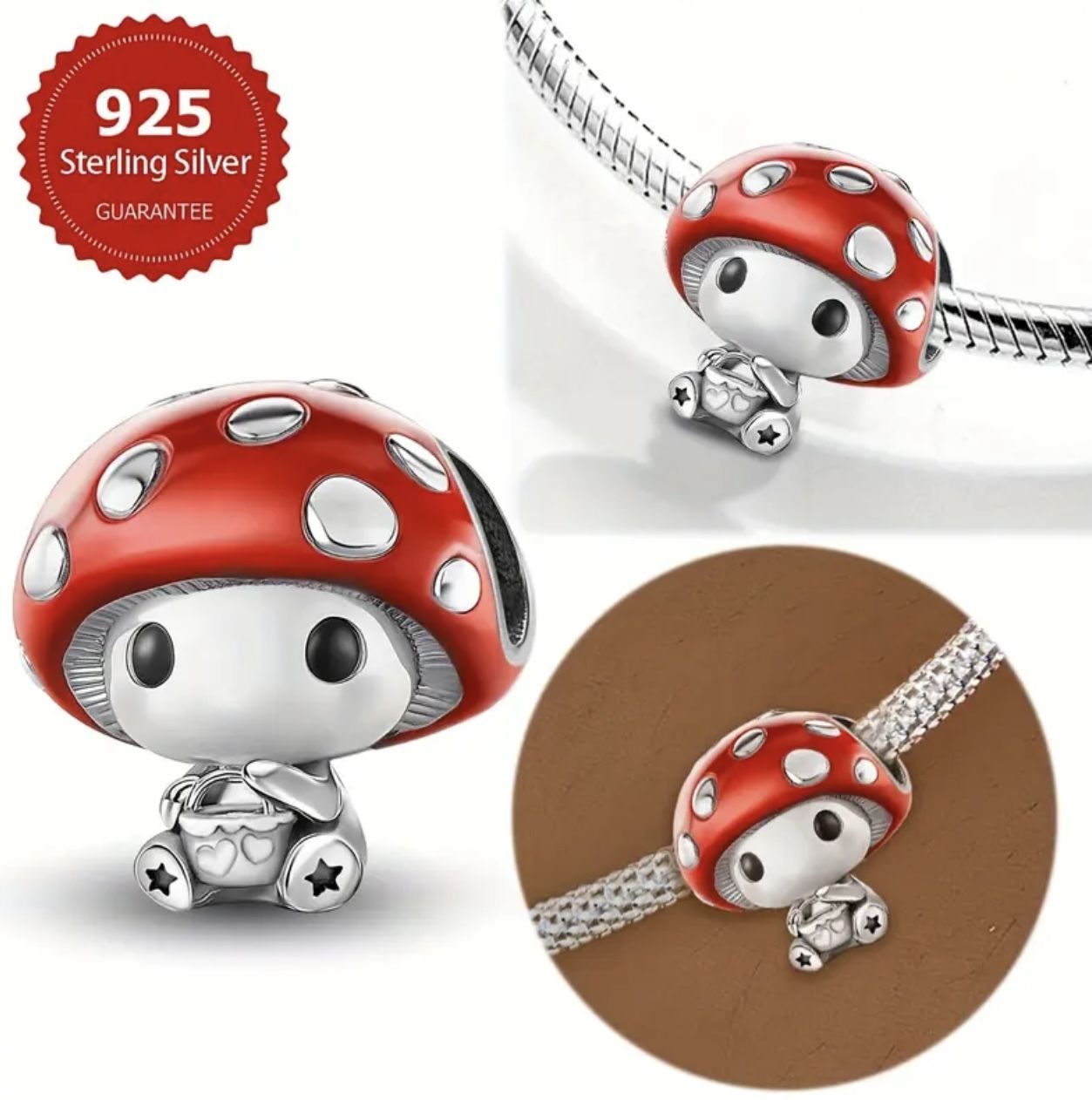π Red Spotted Mushroom 925 Sterling Silver Charm Bead w Gift Bag