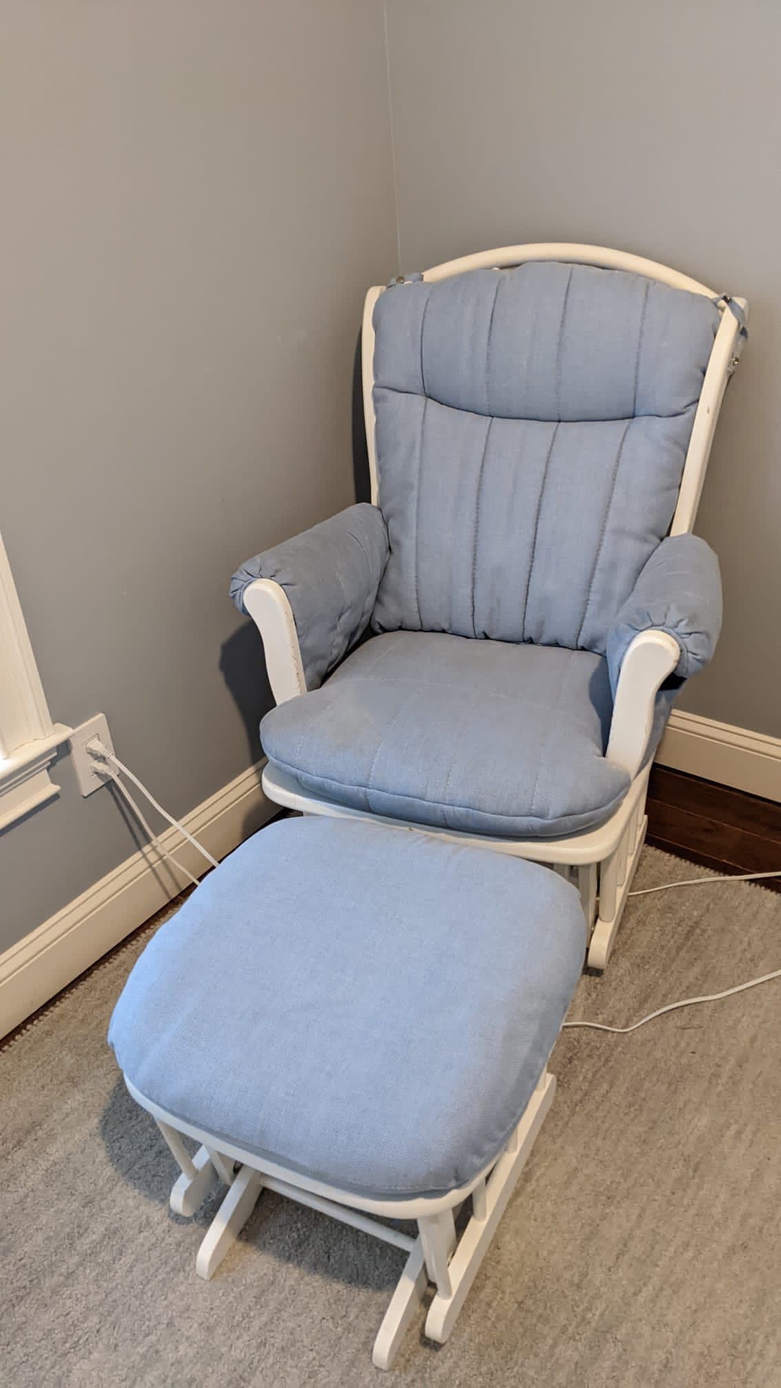 Dutailier Glider And Ottoman - White Wood With Light Blue