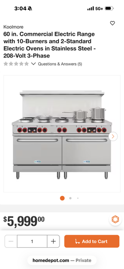 Koolmore 60 in. Commercial Electric Range with 10-Burners and 2-Standard Electric Ovens in Stainless Steel - 208-Volt 3-Phase