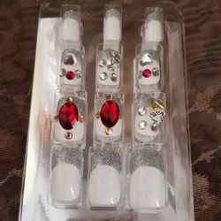 White & Silver tip with Red Rhinestone Nails