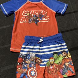 Marvel SuperHeros toddler boys size 2T swim trunks and rash guard - Spiderman - Captain America - Hulk - Thor - Iron man 