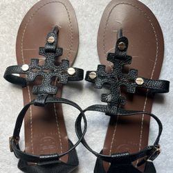 Tori Burch “Phoebe” Sandals, Black Leather, Size 8