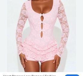 Pink lace bodysuit  size small strechy with rose embroidery and ruffled shorts #bodysuit #lace used once